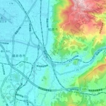 Топографическая карта 柏原市, высота, рельеф