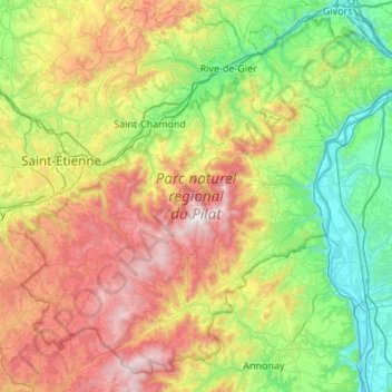 Топографическая карта Parc naturel régional du Pilat, высота, рельеф