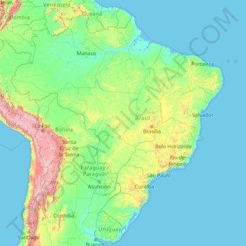 Топографическая карта Бразилия, высота, рельеф