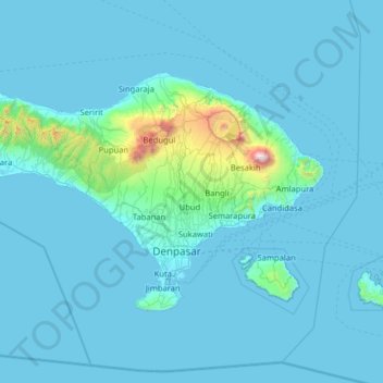 Топографическая карта Бали, высота, рельеф
