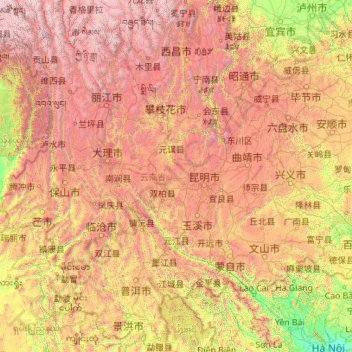 Топографическая карта 云南省, высота, рельеф
