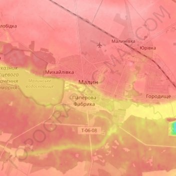 Топографическая карта Малин, высота, рельеф