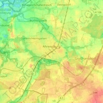 Топографическая карта Ahrensburg, высота, рельеф