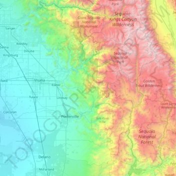 Топографическая карта Tulare County, высота, рельеф