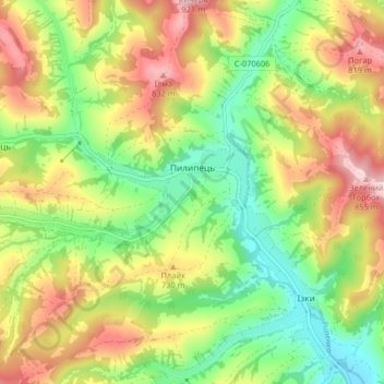 Топографическая карта Пилипец, высота, рельеф