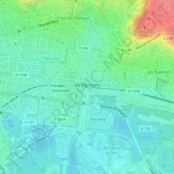 Топографическая карта Vincennes, высота, рельеф