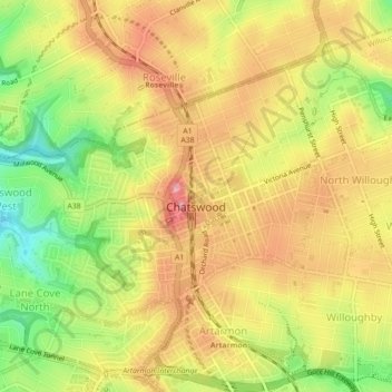 Топографическая карта Chatswood, высота, рельеф