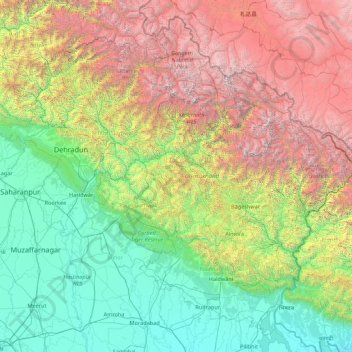 Топографическая карта Uttarakhand, высота, рельеф