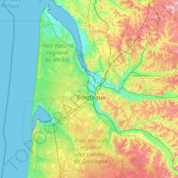 Топографическая карта Gironde, высота, рельеф