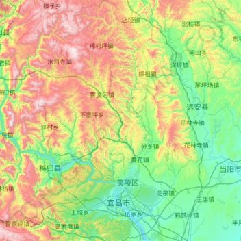 Топографическая карта 夷陵区, высота, рельеф