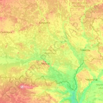 Топографическая карта Гомельская область, высота, рельеф