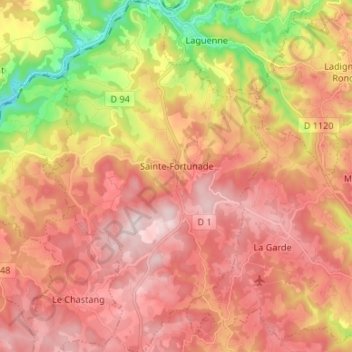 Топографическая карта Sainte-Fortunade, высота, рельеф
