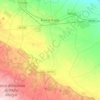 Топографическая карта Ruvo di Puglia, высота, рельеф
