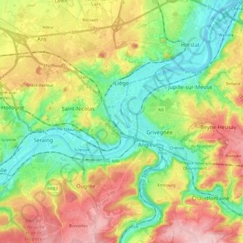 Топографическая карта Льеж, высота, рельеф