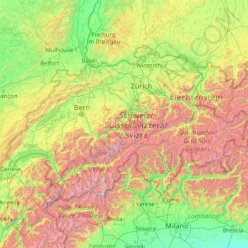 Топографическая карта Швейцария, высота, рельеф