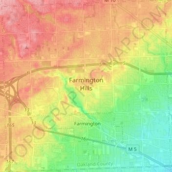 Топографическая карта Farmington Hills, высота, рельеф