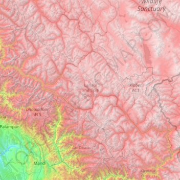 Топографическая карта Lahaul and Spiti District, высота, рельеф