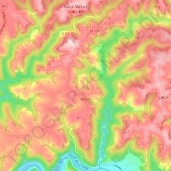 Топографическая карта Assac, высота, рельеф