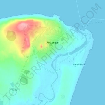 Топографическая карта Анадырь, высота, рельеф