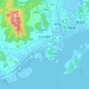 Топографическая карта 灵山卫街道, высота, рельеф