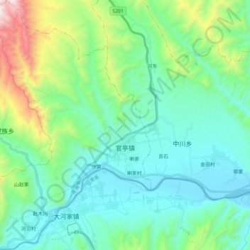 Топографическая карта 官亭镇, высота, рельеф