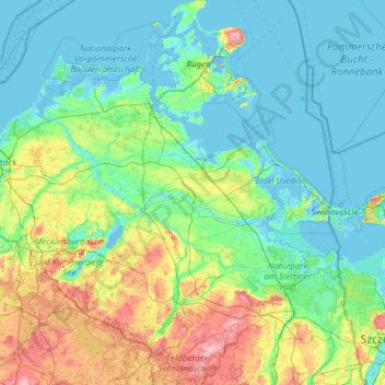 Топографическая карта Vorpommern, высота, рельеф