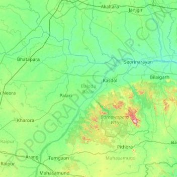 Топографическая карта Baloda Bazar, высота, рельеф