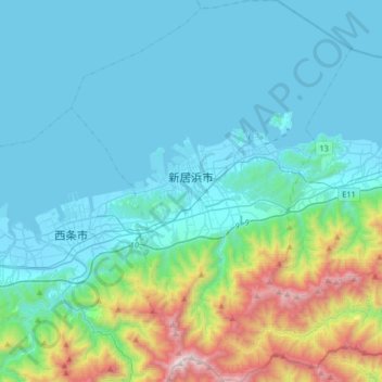 Топографическая карта 新居滨市, высота, рельеф