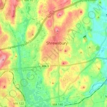 Топографическая карта Shrewsbury, высота, рельеф