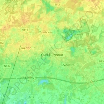 Топографическая карта Oud-Turnhout, высота, рельеф