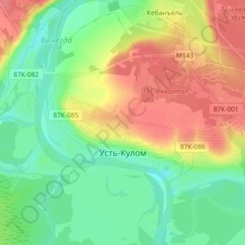 Топографическая карта Усть-Кулом, высота, рельеф