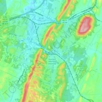 Топографическая карта Collegedale, высота, рельеф
