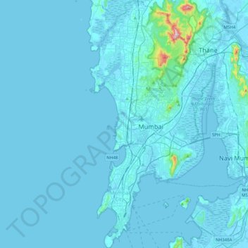 Топографическая карта Mumbai, высота, рельеф