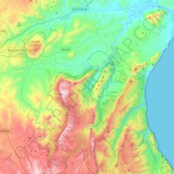 Топографическая карта Cedrino, высота, рельеф