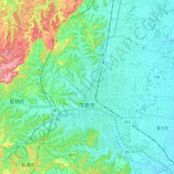 Топографическая карта 茂原市, высота, рельеф