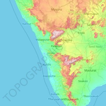 Топографическая карта Kerala, высота, рельеф
