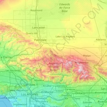 Топографическая карта Angeles National Forest, высота, рельеф
