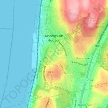 Топографическая карта Village of Hastings-on-Hudson, высота, рельеф