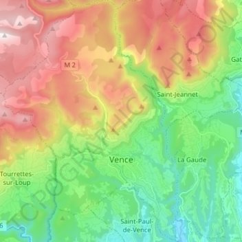 Топографическая карта Vence, высота, рельеф
