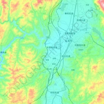 Топографическая карта 大营街街道, высота, рельеф