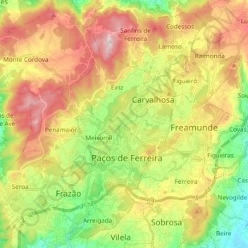 Топографическая карта Paços de Ferreira, высота, рельеф