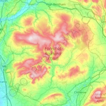 Топографическая карта Forest of Bowland AONB, высота, рельеф