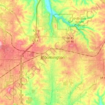 Топографическая карта Bloomington, высота, рельеф