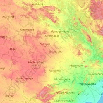 Топографическая карта Telangana, высота, рельеф