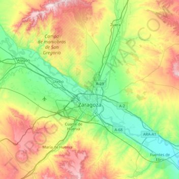 Топографическая карта Сарагоса, высота, рельеф