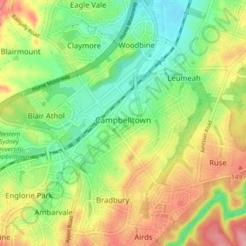 Топографическая карта Campbelltown, высота, рельеф