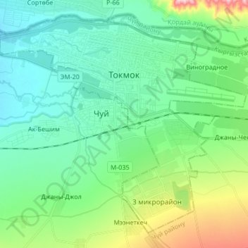 Топографическая карта город Токмак, высота, рельеф
