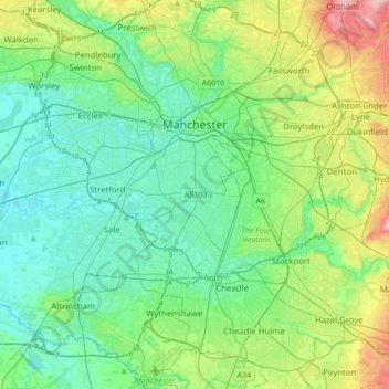 Топографическая карта Манчестер, высота, рельеф