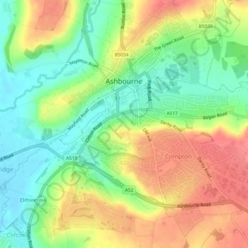 Топографическая карта Ashbourne CP, высота, рельеф