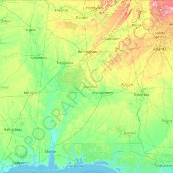 Топографическая карта Alabama, высота, рельеф